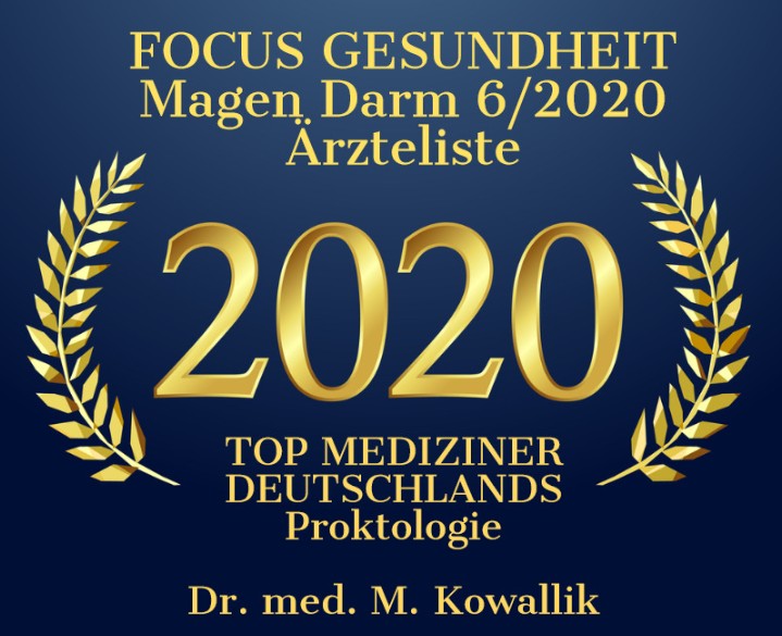 Auszeichung OCUS Ärzteliste
TOP Mediziner Deutschlands - Proktologie Dr. med. M. Kowallik